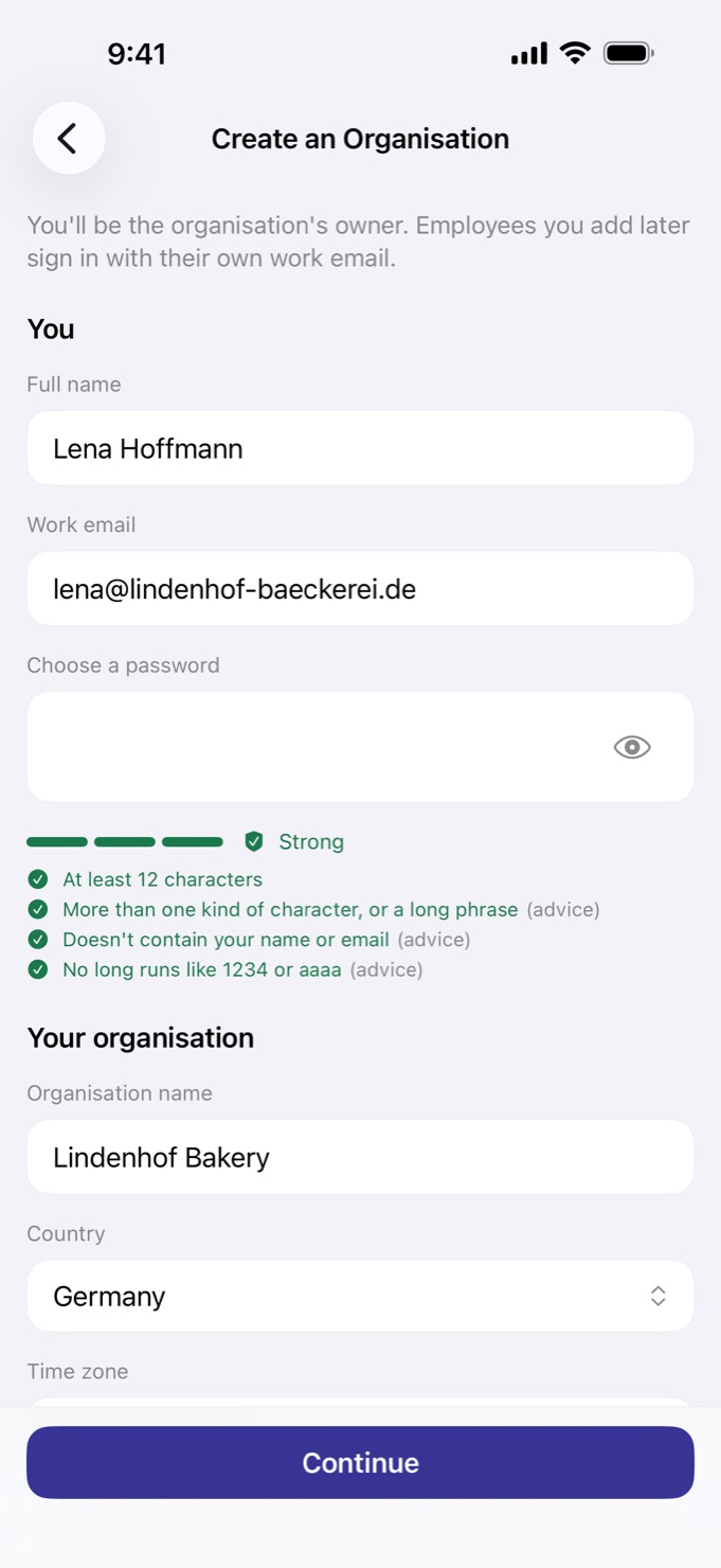 Create an Organisation form: full name, work email, password strength checks, organisation name and country.