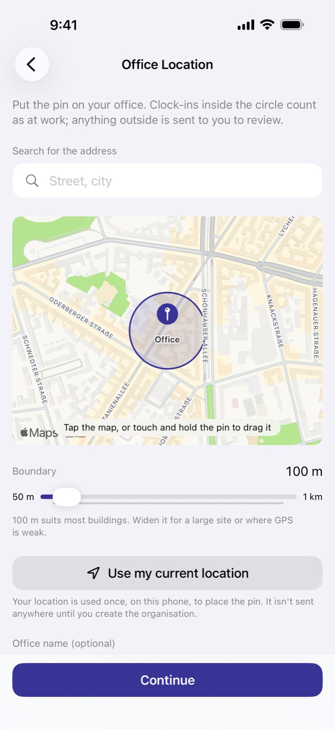 Office Location screen: a map with the office pin, a 100 metre boundary circle and a slider from 50 metres to 1 kilometre.