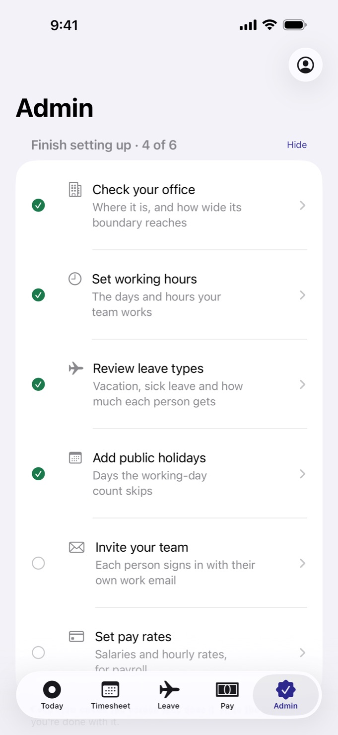 Admin tab with the setup checklist: check your office, set working hours, review leave types and add public holidays done; invite your team and set pay rates to go.
