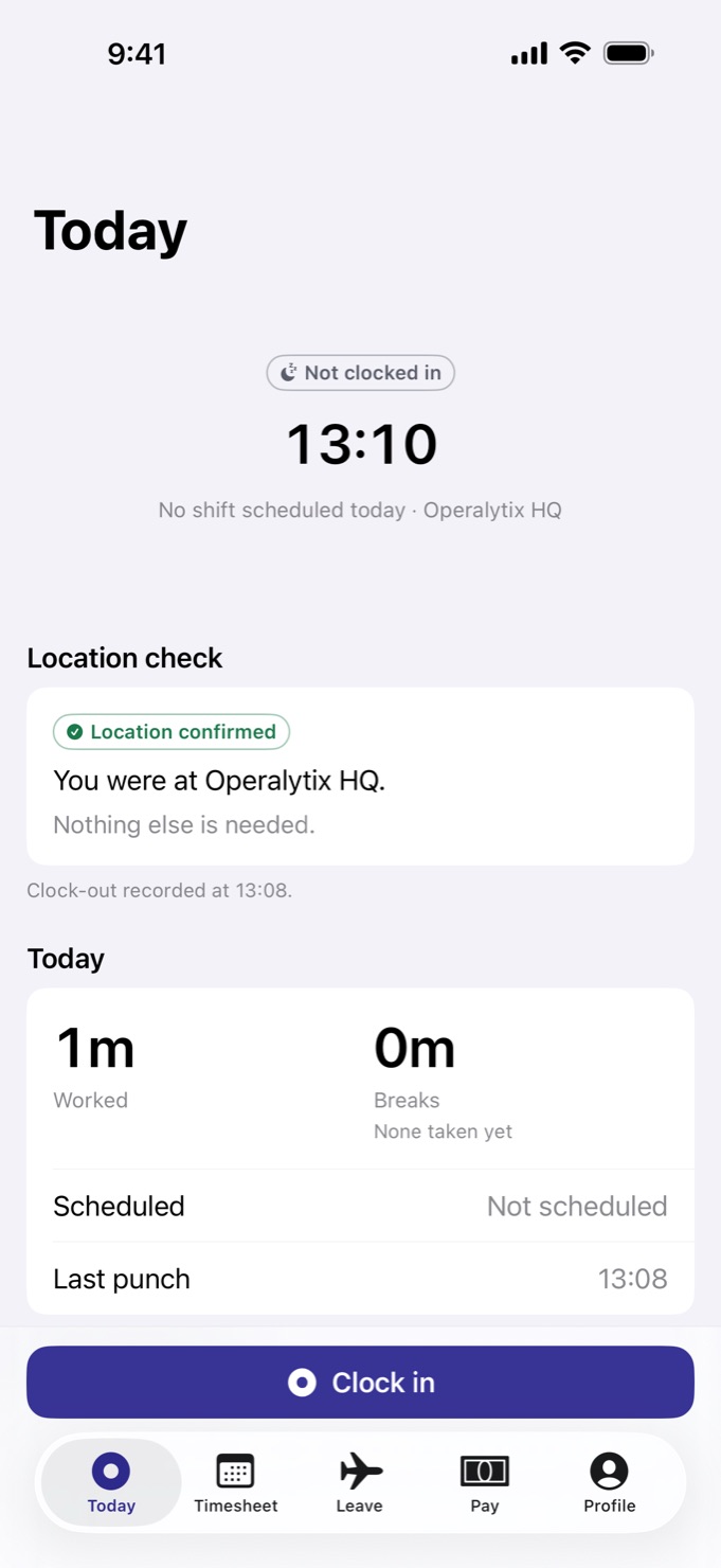 Today screen before clock-in: the location check confirms the employee is at Operalytix HQ, with a Clock in button.